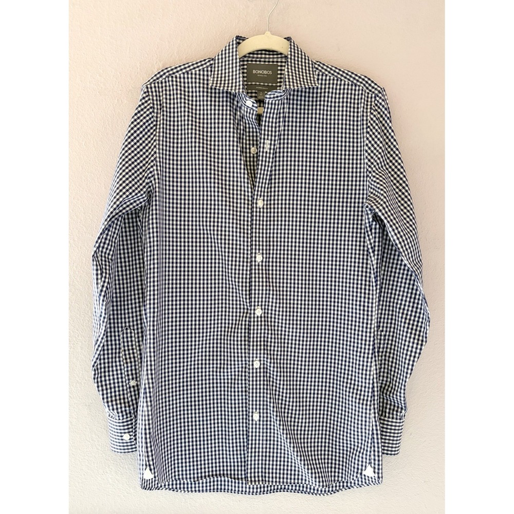 Bonobos Tailored Slim Fit‎ Gingham Dress Shirt Navy White Preppy Oxford Sz 15/34